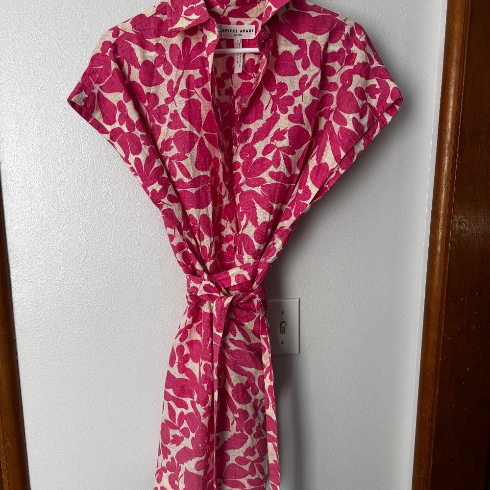 Apiece Apart pink tropical linen wrap mini dress